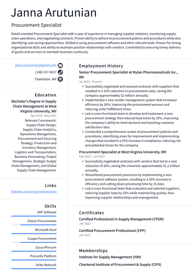 Zoom Procurement Specialist Resume Example