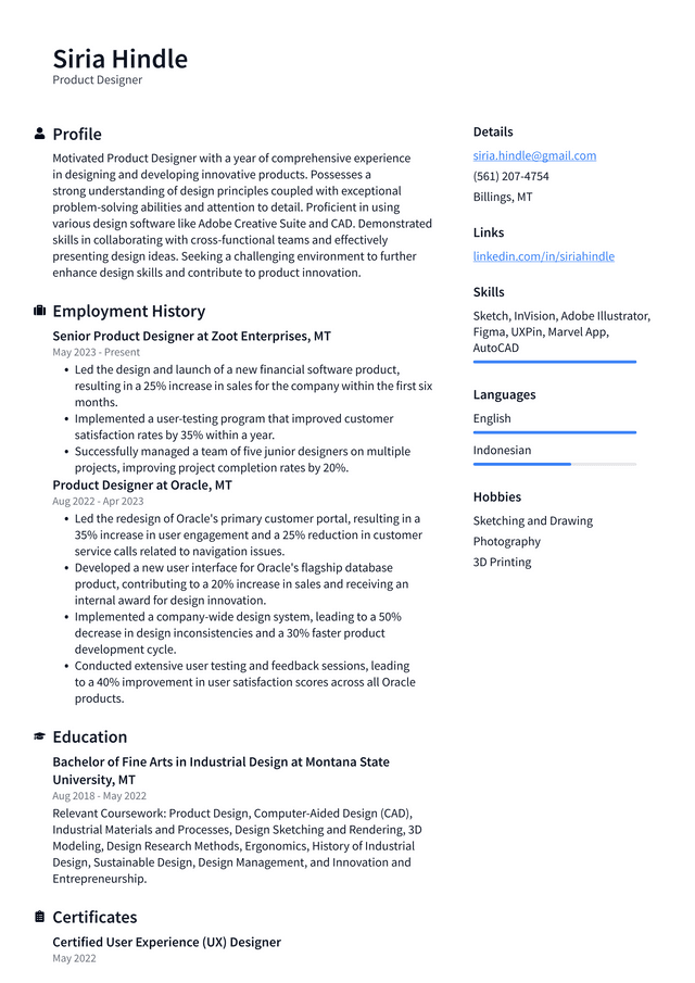 Zoom Product Designer Resume Example