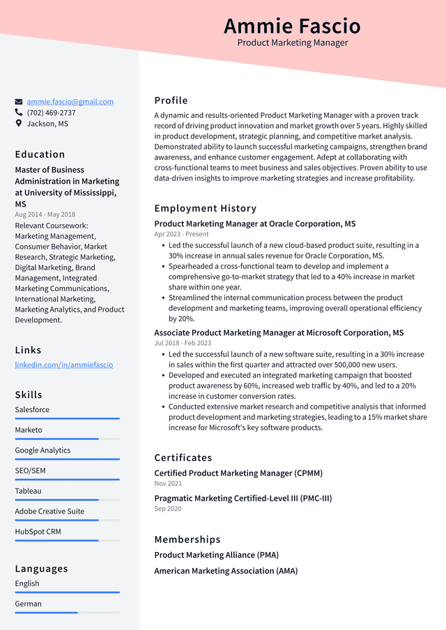 Zoom Product Marketing Manager Resume Example