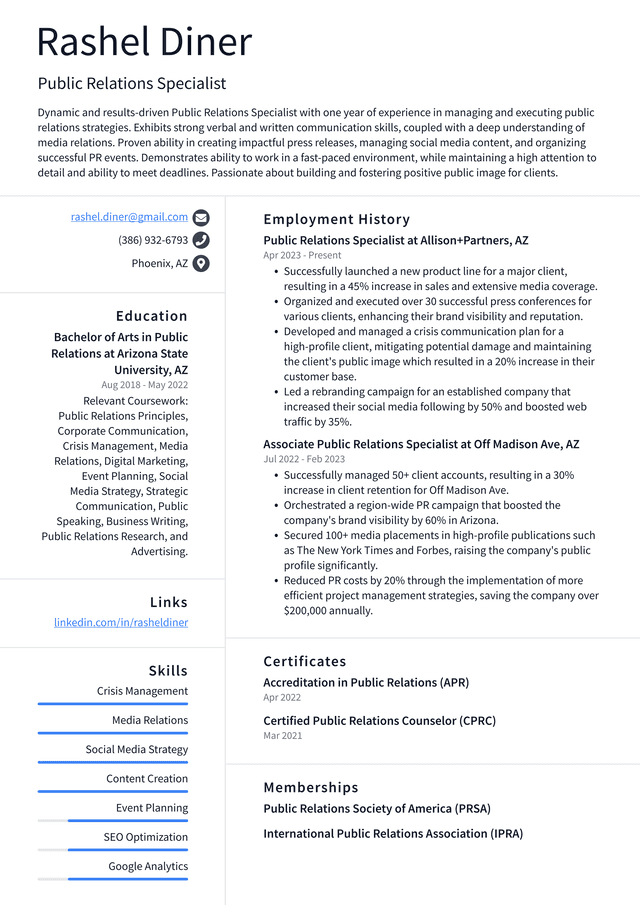 Zoom Public Relations Specialist Resume Example