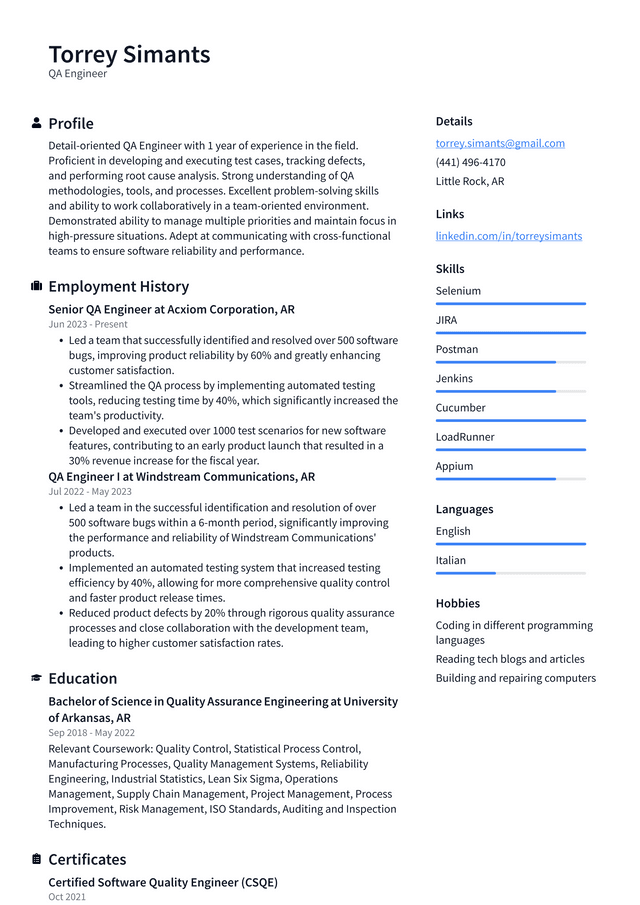 Zoom QA Engineer Resume Example