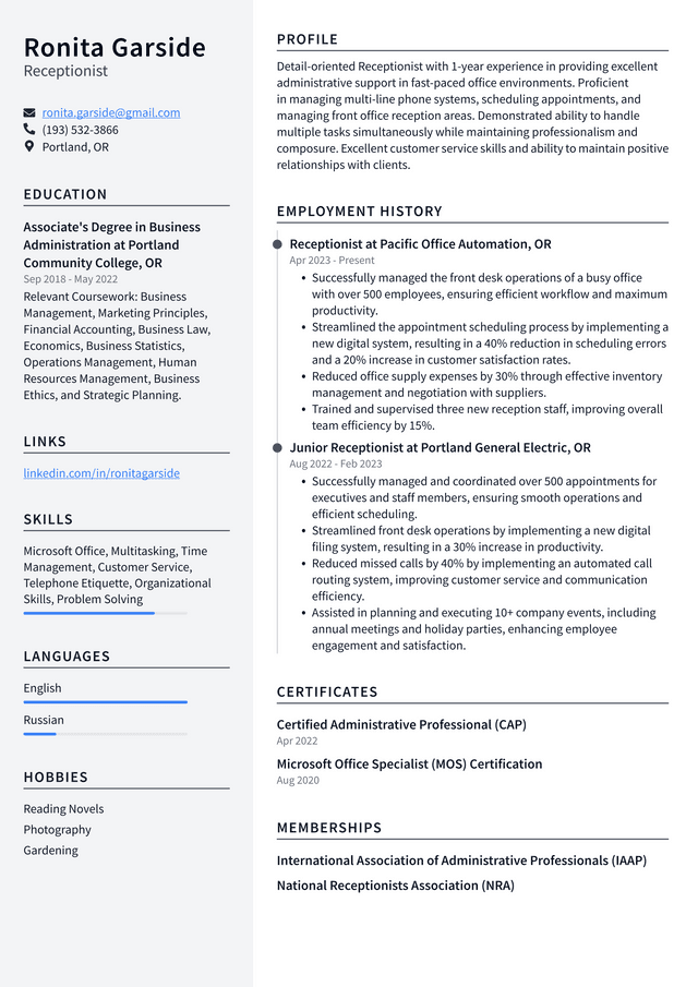 Zoom Receptionist Resume Example