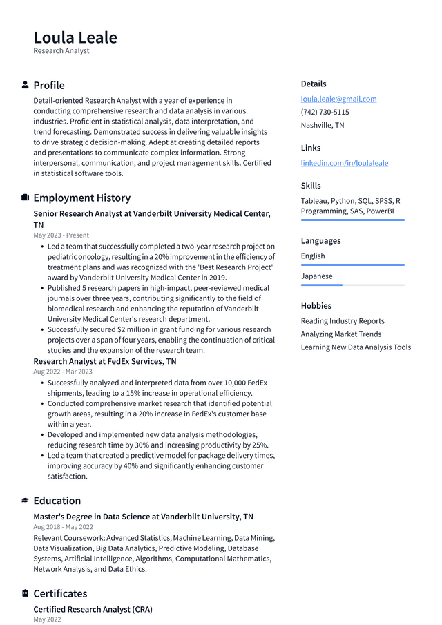 Zoom Research Analyst Resume Example