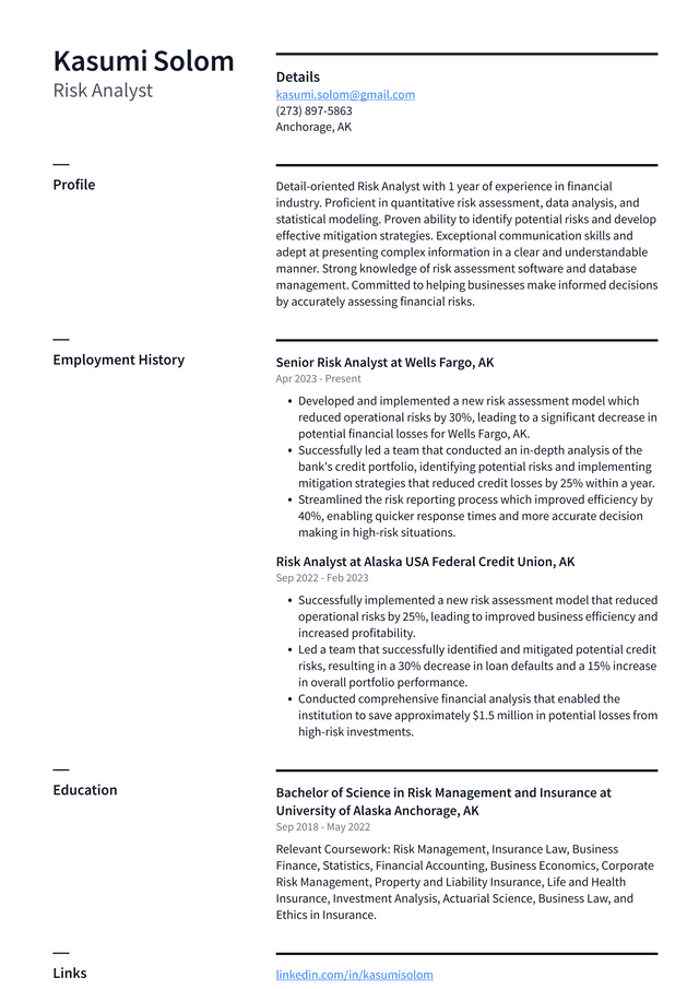 Zoom Risk Analyst Resume Example