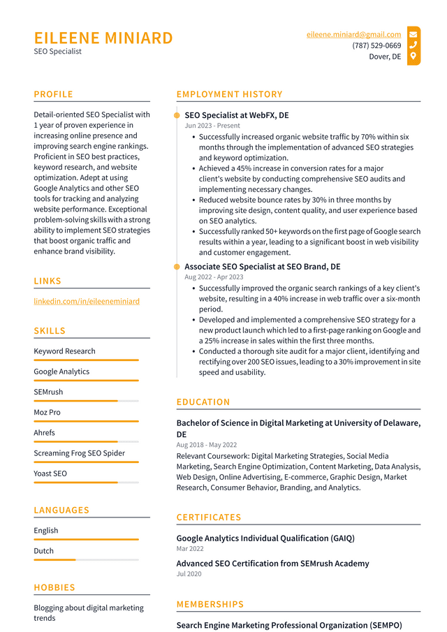 Zoom SEO Specialist Resume Example