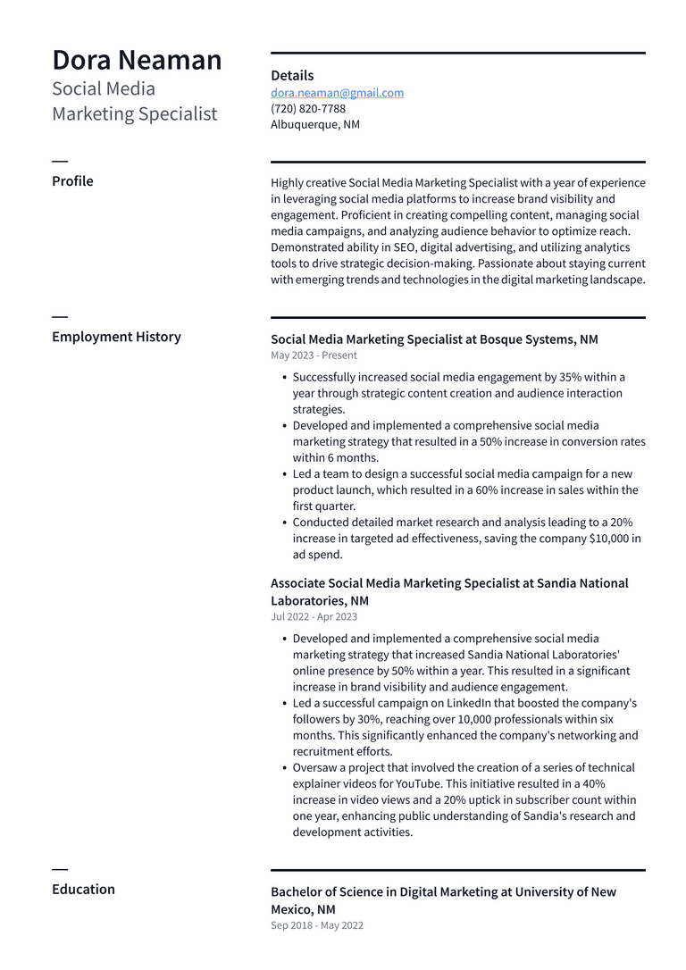 Zoom Social Media Marketing Specialist Resume Examples