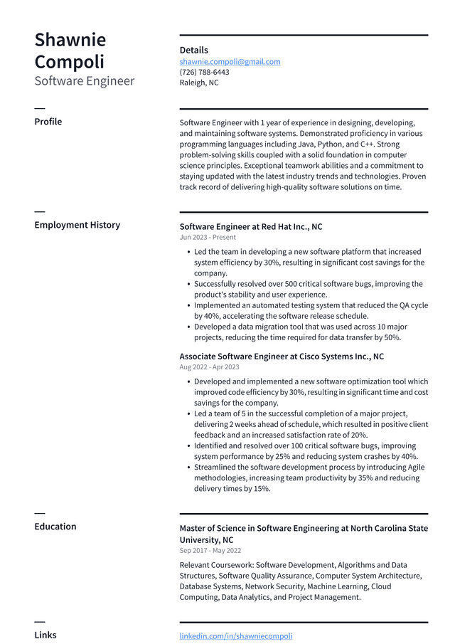 Zoom Software Engineer Resume Example