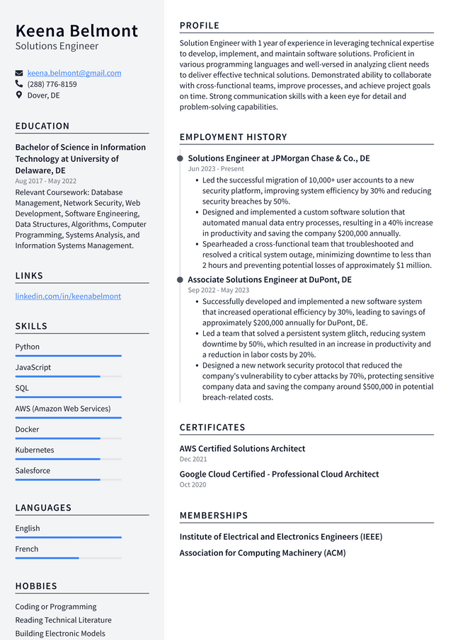 Zoom Solutions Engineer Resume Example