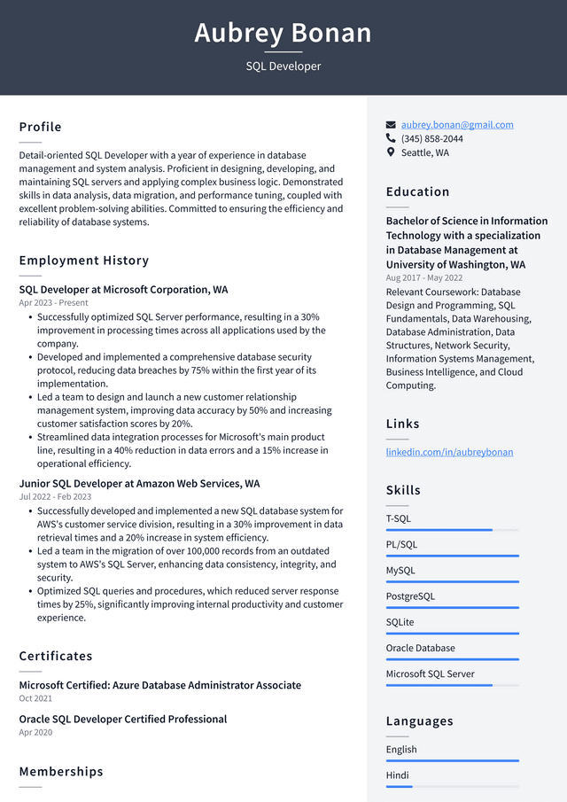 Zoom SQL Developer Resume Example