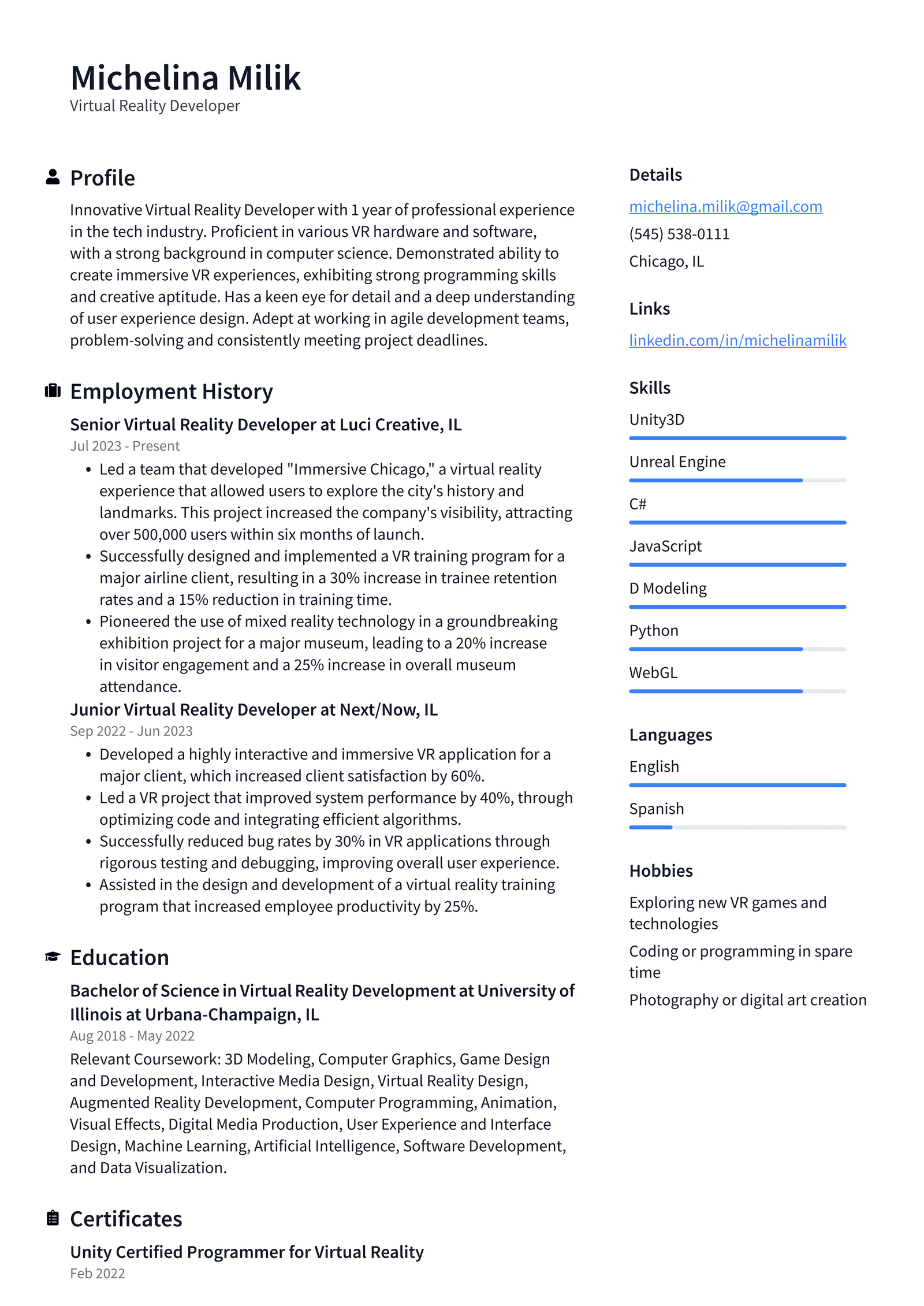 Zoom Virtual Reality Developer Resume Examples ResumeCat