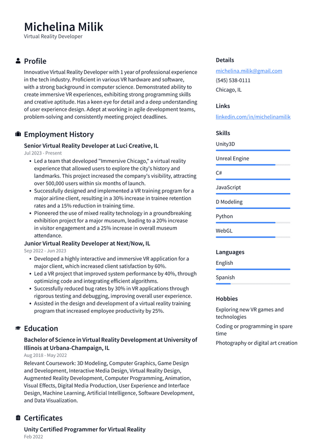 Zoom Virtual Reality Developer Resume Example