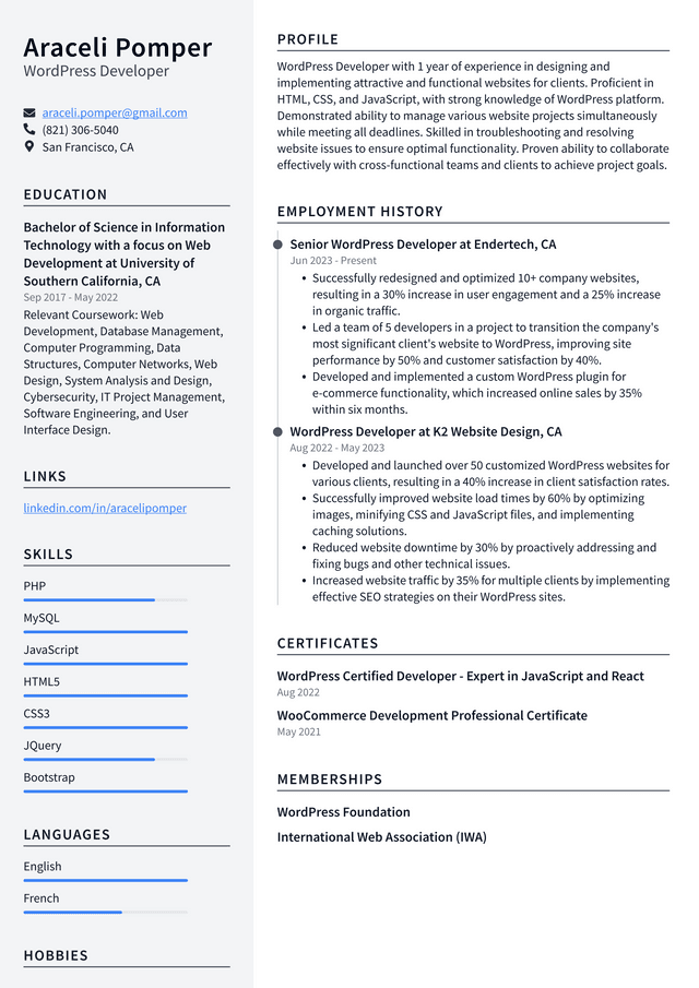 Zoom WordPress Developer Resume Example